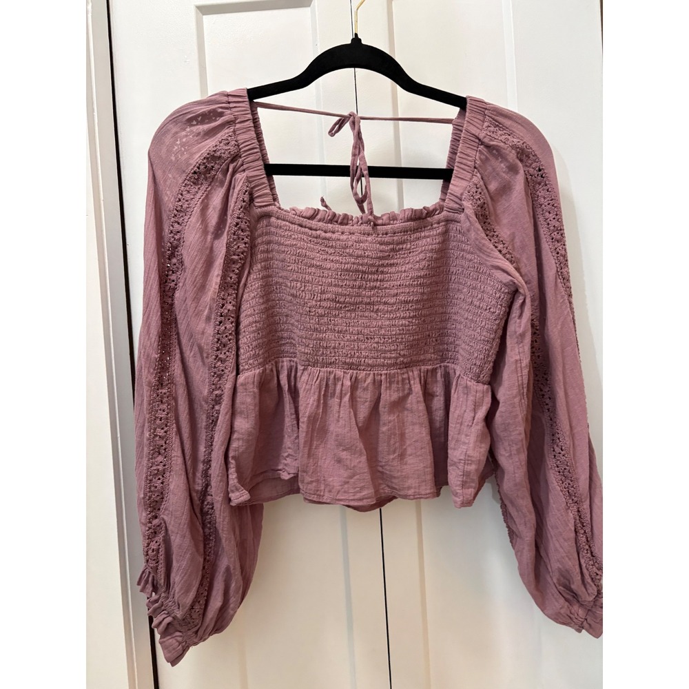 American Eagle Smocked Peplum Top Mauve Pink Crochet Lace Puff Sleeve Large